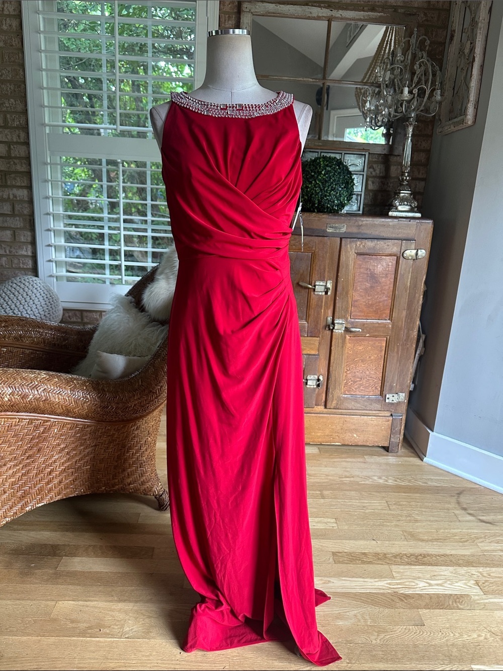 ALEX EVENINGS RED EMBELLISHED CRYSTALS DRESS EVENING LONG GOWN 8 NEW